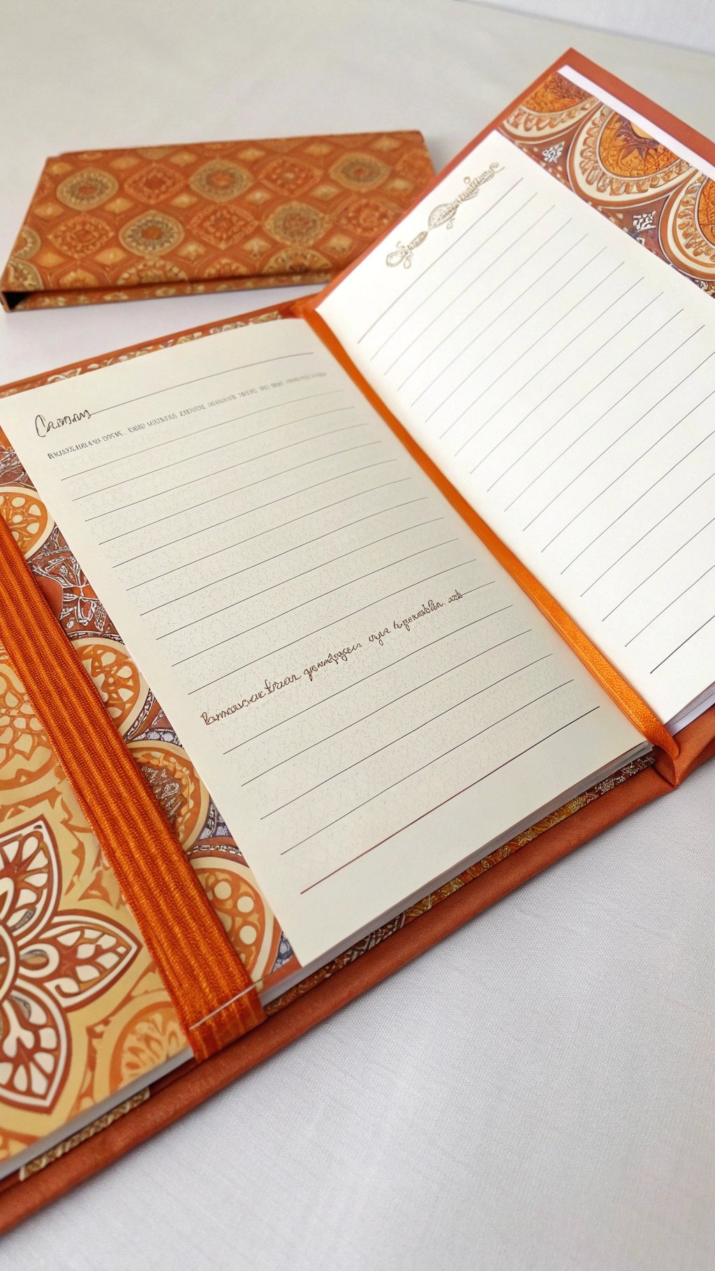 25 Stunning Burnt Orange Wedding Ideas for Your Dream Day A beautifully designed guest book with a burnt orange cover and patterned pages.