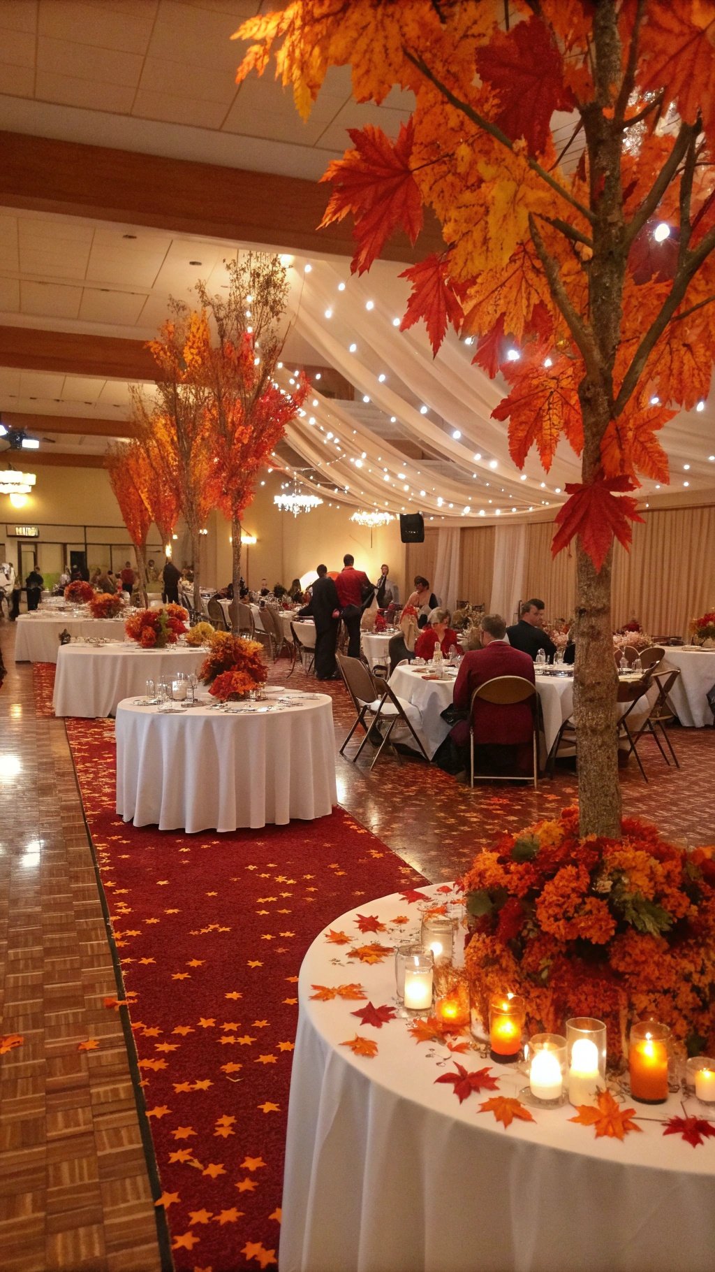 25 Stunning Burnt Orange Wedding Ideas for Your Dream Day A beautifully decorated wedding venue featuring burnt orange autumn-themed decor with tables, candles, and colorful leaves.