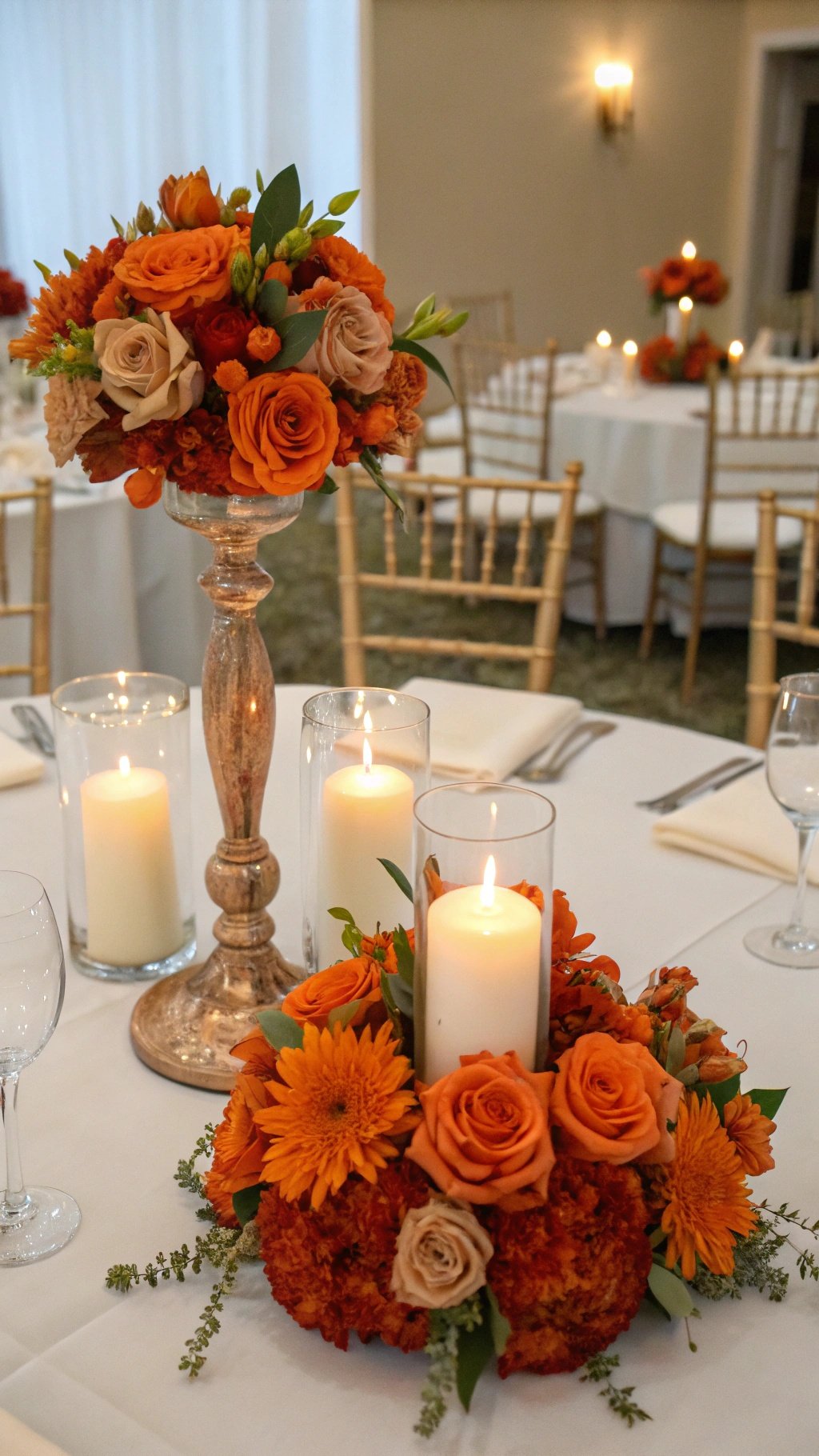 25 Stunning Burnt Orange Wedding Ideas for Your Dream Day Burnt orange wedding reception centerpieces with flowers and candles