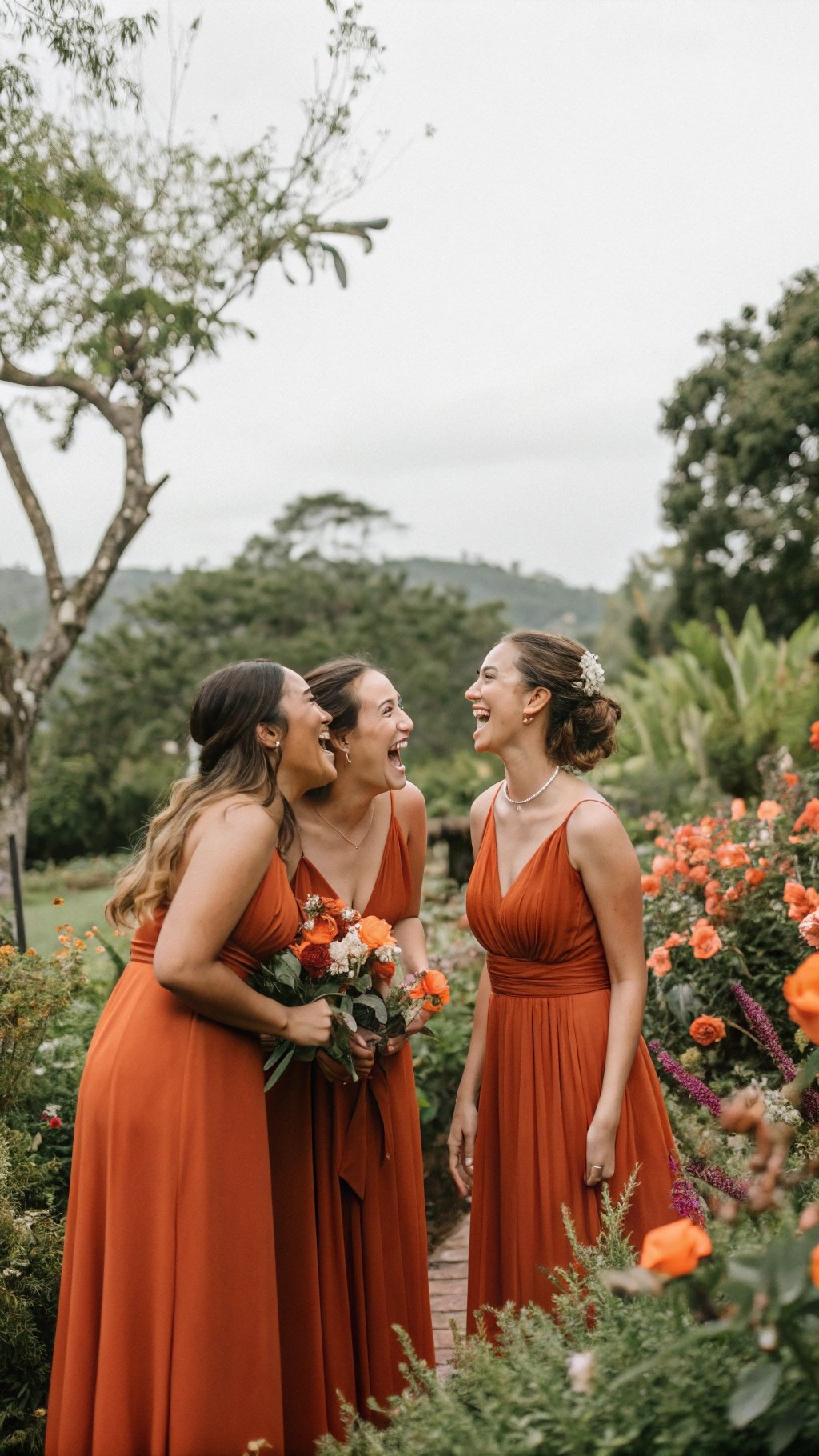 25 Stunning Burnt Orange Wedding Ideas for Your Dream Day Three bridesmaids in burnt orange dresses laughing in a garden setting