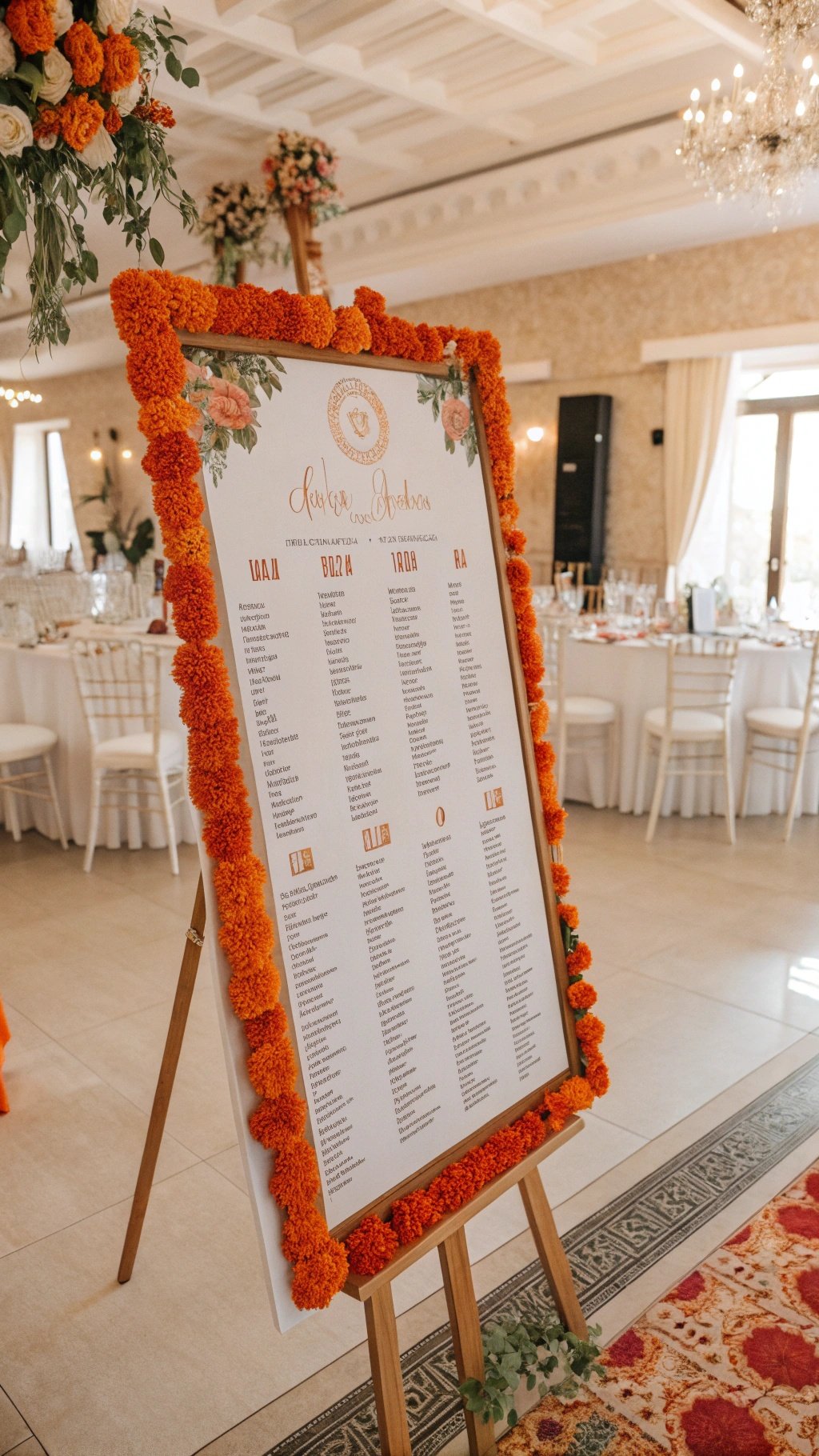 25 Stunning Burnt Orange Wedding Ideas for Your Dream Day A seating chart framed with orange marigolds, displaying guest names and table numbers.