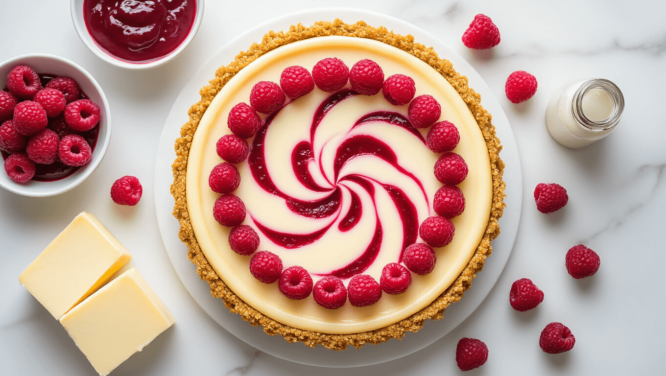 Professional overhead shot of a slice of raspberry swirl cheesecake on a white marble surface, showcasing creamy ivory filling with vibrant magenta swirls, golden graham cracker crust, fresh raspberries, and raspberry sauce drizzle, with cream cheese blocks and a vanilla extract bottle in a warm kitchen ambiance.