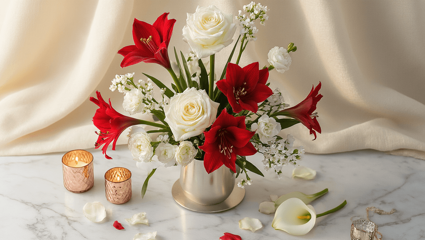 Cinematic overhead view of a winter flower arrangement with white roses, red amaryllis, and paperwhites in a metallic vase, set on a polished marble surface, surrounded by scattered petals, candleholders, and rose gold accents, illuminated by warm golden hour light.