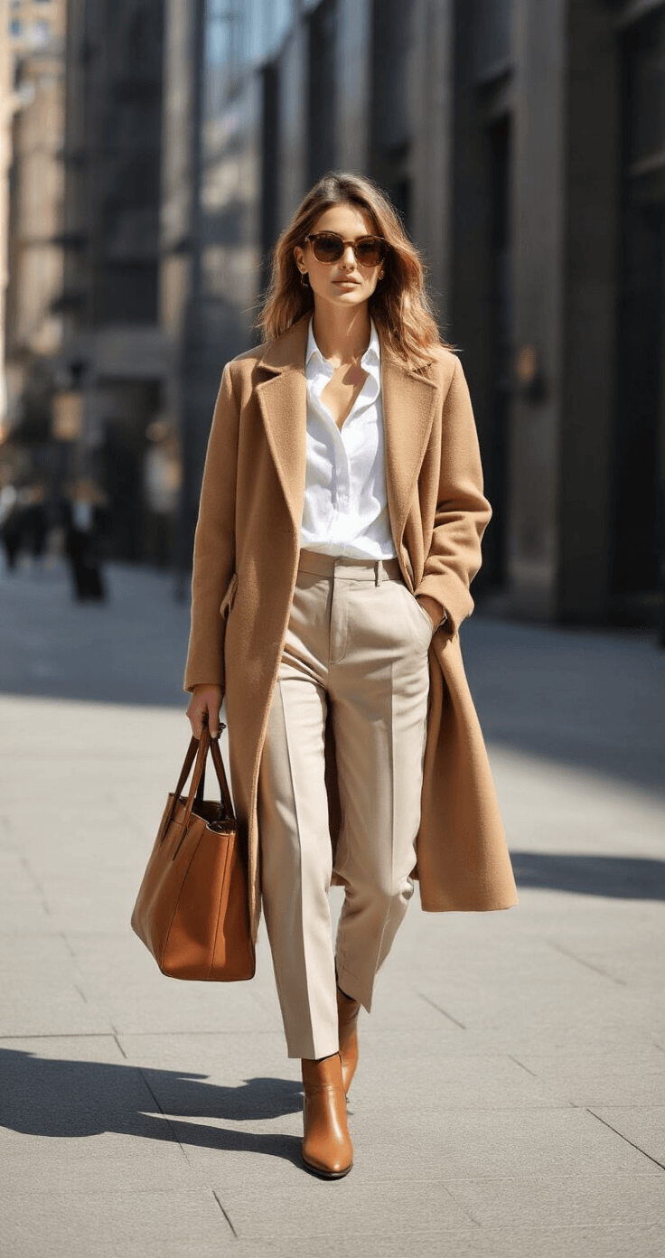 How to Write a Best Man Speech That Actually Gets Laughs (And Maybe Some Tears) A young professional woman in layered neutrals, including an oversized camel wool coat and crisp white button-down, confidently walks along a sunlit metropolitan sidewalk, flanked by modern architecture, carrying a structured leather tote and wearing tortoiseshell sunglasses and minimalist ankle boots.