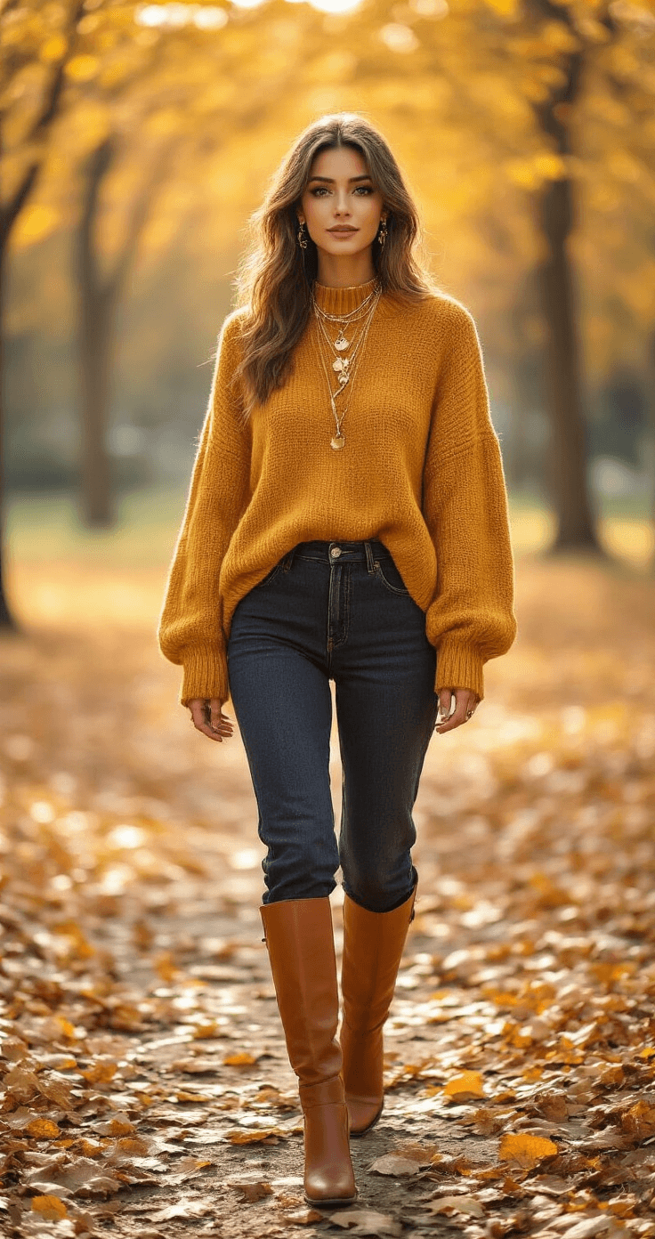 How to Write a Best Man Speech That Actually Gets Laughs (And Maybe Some Tears) A stylish woman in a mustard yellow oversized knit sweater and dark wash high-waisted vintage denim walks through a leaf-strewn park, wearing cognac leather knee-high boots, adorned with delicate gold layered necklaces, illuminated by warm golden afternoon lighting with a soft bokeh background.