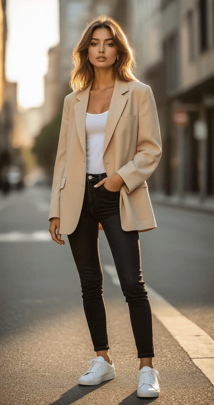 How to Style Oversized Blazers Without Looking Frumpy A confident young woman in an oversized beige blazer and black skinny jeans stands on a minimalist urban street corner during golden hour, showcasing elegant shadows and soft natural light.