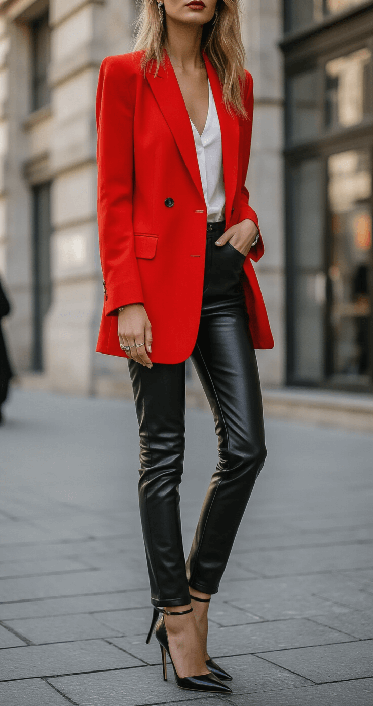 How to Style Oversized Blazers Without Looking Frumpy A fashion-forward woman in a vibrant red oversized blazer, high-waisted black leather pants, and pointed-toe stiletto heels poses against a geometric urban backdrop in the late afternoon.