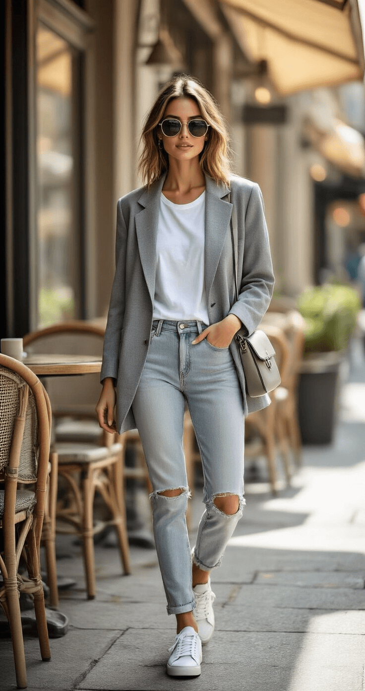 How to Style Oversized Blazers Without Looking Frumpy A petite woman casually wearing an oversized gray blazer over a white graphic tee, distressed light-wash skinny jeans, and clean white sneakers, seated at a sun-drenched urban cafe terrace, with classic sunglasses and a small crossbody bag, exuding a relaxed, casual-chic vibe.