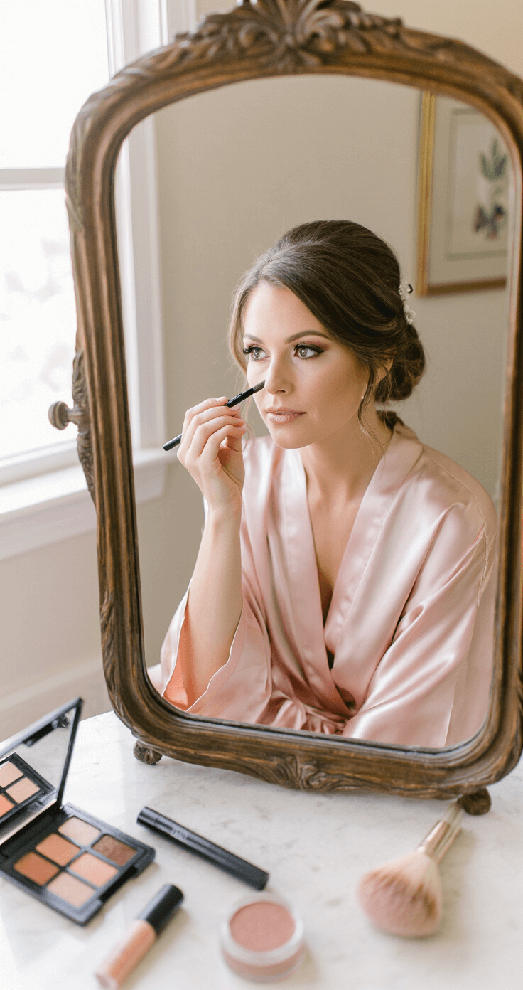 Simple Wedding Makeup That Actually Looks Like You (Not a Stranger in the Mirror) A bride in a dusty rose silk robe applies subtle brown eyeliner in front of a vintage mirror, with soft window light illuminating the scene. Minimal makeup products, including a fluffy bronzer brush, tinted lip balm, and a neutral eyeshadow palette, are artfully scattered nearby, capturing a candid pre-wedding moment.