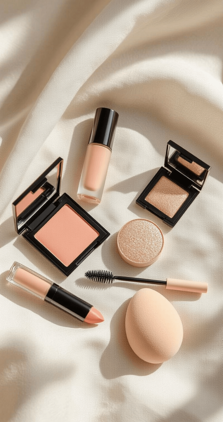 Simple Wedding Makeup That Actually Looks Like You (Not a Stranger in the Mirror) A flatlay of bridal makeup essentials on a light linen backdrop, featuring cream blush, waterproof mascara, champagne shimmer eyeshadow, nude lip gloss, and a damp beauty sponge, captured in soft, natural light.