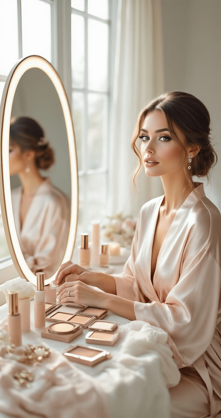 Natural Glam Wedding Makeup: The Perfect Balance Between Effortless and Elevated A bride in a silk blush robe sits at a vanity with soft natural makeup products arranged around her, reflected in a large mirror as soft morning light fills the modern bedroom, enhancing the ethereal atmosphere with delicate jewelry and wedding accessories subtly styled in the background.
