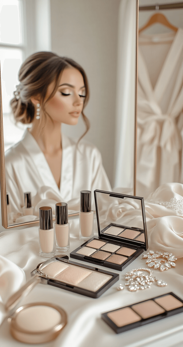 Natural Glam Wedding Makeup: The Perfect Balance Between Effortless and Elevated A serene bridal suite scene featuring an artistic arrangement of makeup products, with the bride's reflection in a large mirror displaying a natural glam look, soft brown smokey eyeshadow, and luminous skin, surrounded by soft white and champagne tones, delicate wedding jewelry, and a silk robe.