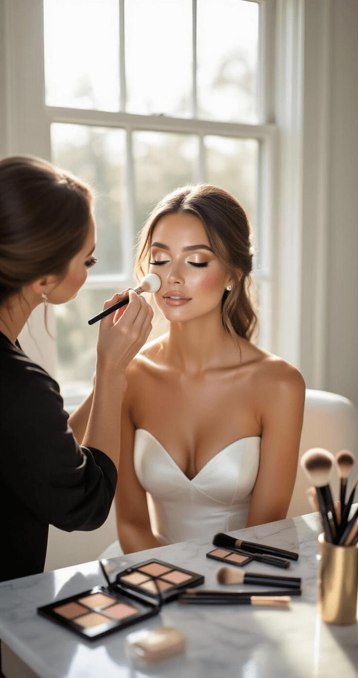 Wedding Makeup: Get That Perfect Bridal Glow Without Looking Like You Tried Too Hard A serene bride in a minimalist dressing room during golden hour, with natural light illuminating her dewy makeup as her artist applies foundation with a beauty sponge. Pearlescent eyeshadow and professional brushes are arranged on a marble vanity, highlighting her radiant complexion and soft peach blush.
