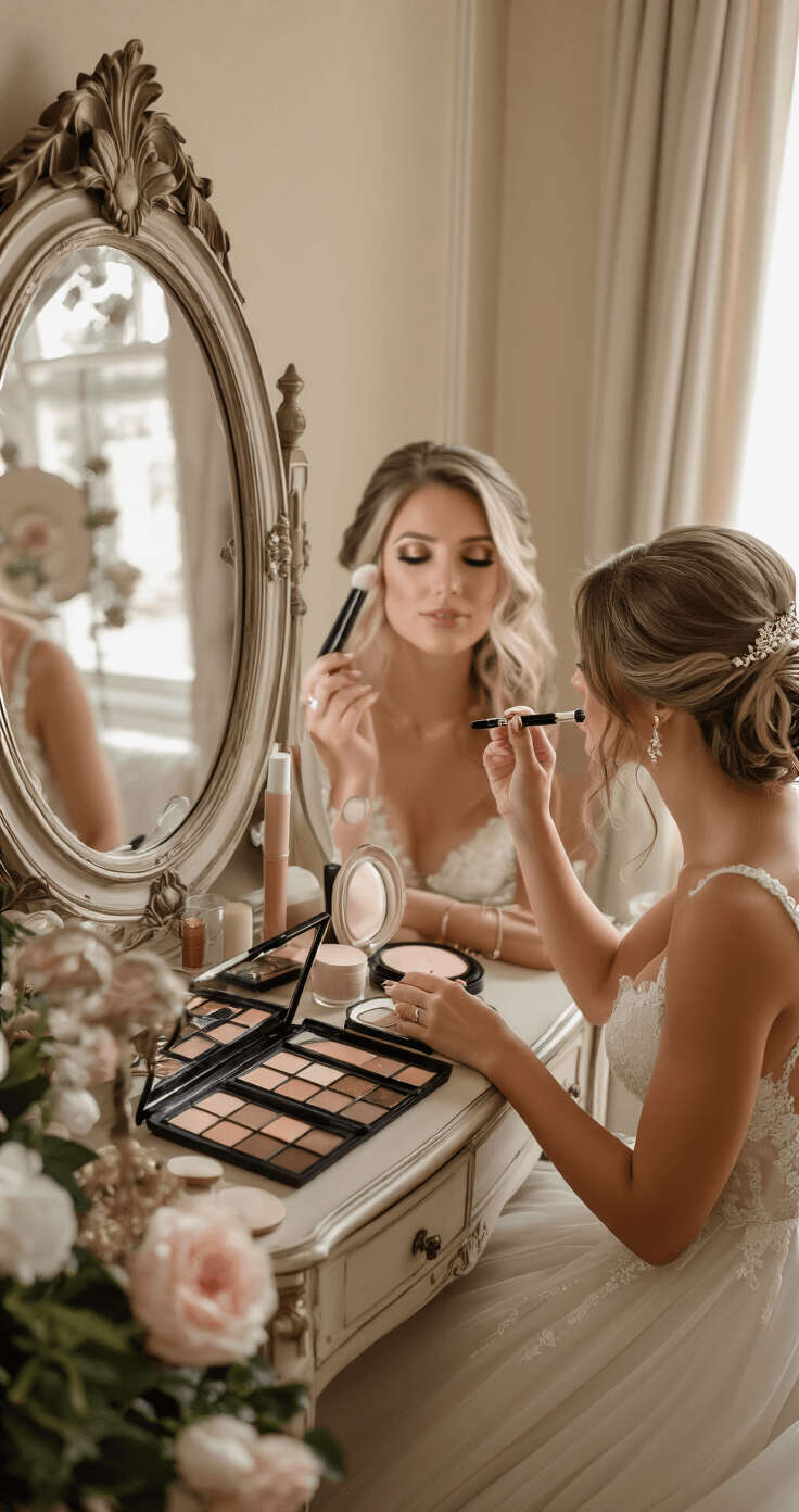 Wedding Makeup: Get That Perfect Bridal Glow Without Looking Like You Tried Too Hard Bride at vintage vanity in cozy bedroom, applying makeup with soft, natural light. Makeup artist adds wispy false lash amidst curated products in dusty rose and champagne hues.