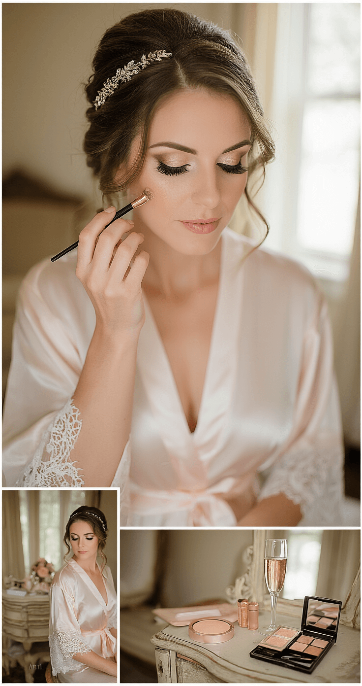 Soft Glam Wedding Makeup: The Perfect Balance Between Natural and Glamorous Intimate bedroom scene of a bride in a delicate lace robe, morning light filtering in, as a professional makeup artist applies wispy false eyelashes. Close-up of blended eyeshadow and flawless skin, with champagne and rose gold accents on a vintage vanity.