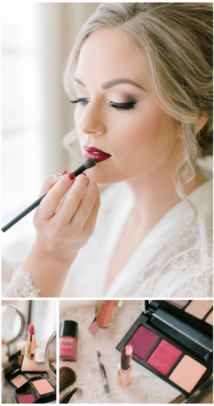 Full Glam Bridal Makeup: Your Complete Guide to Looking Absolutely Stunning on Your Big Day Close-up of a bride applying lipstick in a luxurious dressing room, showcasing perfectly lined lips, professional brushes, and lip products, with soft natural light illuminating her delicate lace getting-ready robe and highlighting her makeup precision in deep berry, nude, and soft pink tones.