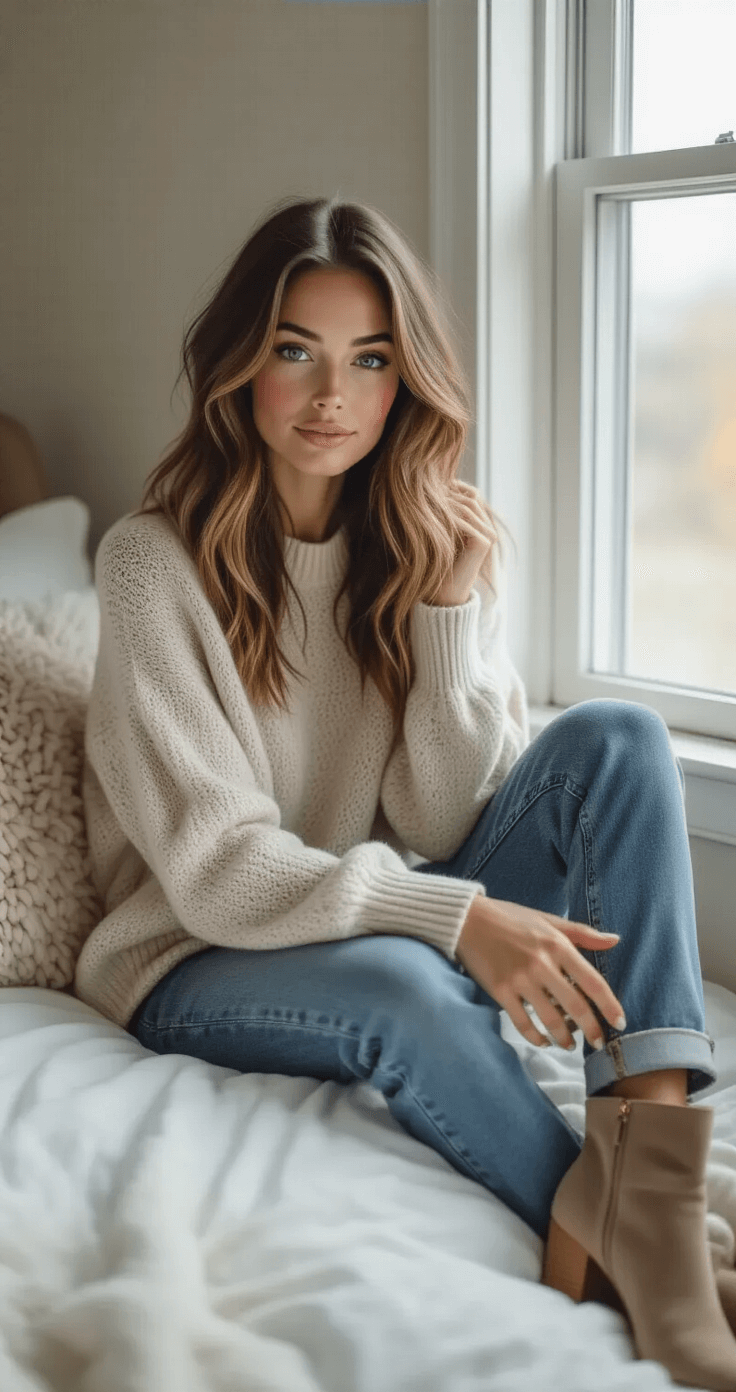 I'm Telling You Everything About Soft Wedding Makeup (And Why It's Perfect for Your Big Day) A woman sitting by a window in a cozy bedroom, styling a casual yet elegant outfit with boyfriend jeans, a soft knit sweater, and suede ankle boots, showcasing a luminous complexion with cream blush and highlighter.