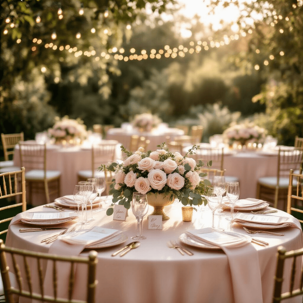 The Best Bridal Shower Gift Ideas That'll Actually Get Used (Not Shoved in a Closet) Photorealistic bridal shower scene in a softly lit garden venue, featuring elegant round tables with silk linens, delicate floral centerpieces, vintage gold chiavari chairs, personalized place settings, and warm golden hour lighting creating an intimate atmosphere.