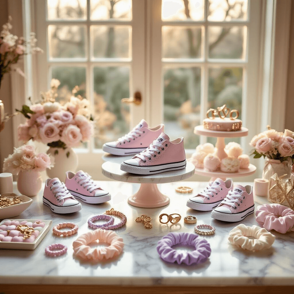 The Girl Gift Guide I Wish I Had Years Ago (Because I've Wrapped Way Too Many Wrong Things) Photorealistic overhead shot of a styled tween birthday party with customizable Chuck Taylor sneakers as centerpiece decor, featuring a pastel color palette, aesthetic fidget toys, personalized initial bracelets on a cake stand, and scrunchie sets arranged decoratively, all bathed in golden hour lighting.