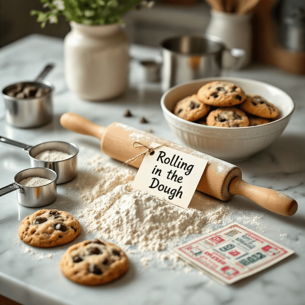 The Ultimate Guide to Lottery Ticket Gift Ideas That'll Make You Look Like a Genius An intimate kitchen counter scene featuring a playful 'Rolling in the Dough' lottery ticket gift arrangement, with a vintage rolling pin, scattered flour, measuring cups, and artfully arranged lottery tickets on a marble countertop, accompanied by a handwritten tag and a bowl of fresh chocolate chip cookies, all captured in soft morning light.