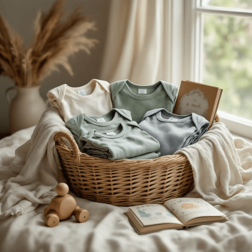 Baby Basket Gift Ideas That New Parents Actually Want A beautifully curated baby gift basket on a soft cream linen surface, featuring muted sage and heather gray onesies with envelope shoulders, draped muslin swaddle blankets, a vintage wooden toy, and a board book, all under warm, soft natural lighting.