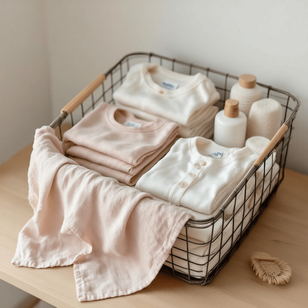 Baby Basket Gift Ideas That New Parents Actually Want A minimalist baby basket assembly scene on a wooden surface, featuring a wire basket lined with a blush muslin blanket, neatly arranged with folded onesies, burp cloths, and grooming items, all illuminated by soft natural daylight.