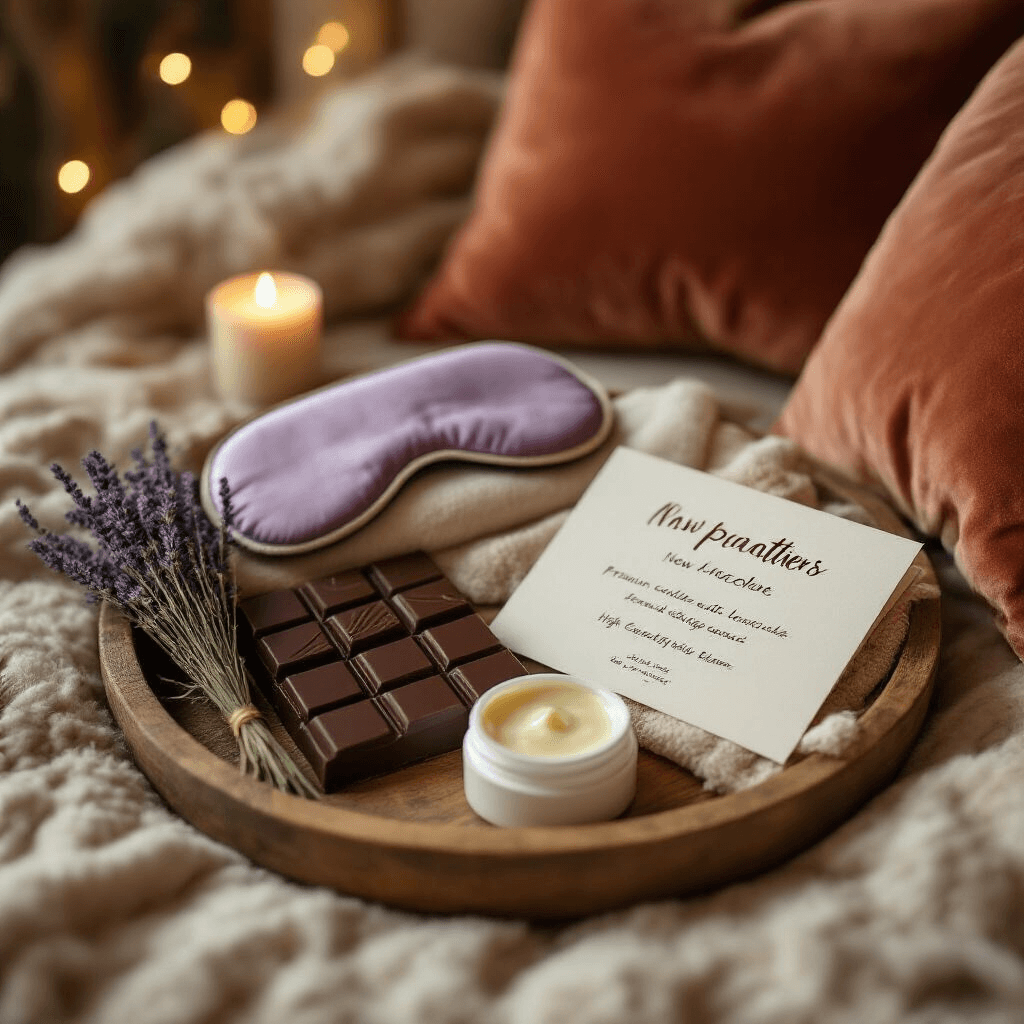 Baby Basket Gift Ideas That New Parents Actually Want A cozy postpartum care basket on a rustic wooden tray, featuring dark chocolate, a lavender-scented eye mask, nipple balm, and a handwritten card, illuminated by soft golden hour lighting, with plush terracotta cushions nearby, conveying warmth and support for new mothers.