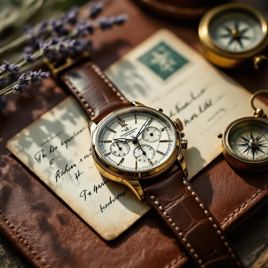 The Ultimate Guide to Long Distance Relationship Gifts That Actually Bridge the Miles Sophisticated flat lay of a dual timezone watch on a distressed leather surface, arranged with a vintage postcard, a sprig of lavender, and an antique brass compass, accented by muted terracotta and sage tones, illuminated by soft morning light.