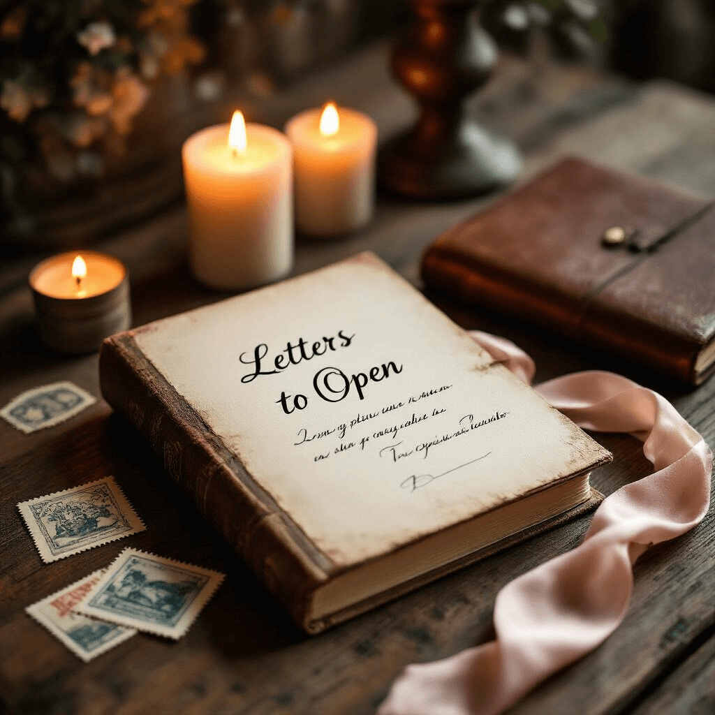 The Ultimate Guide to Long Distance Relationship Gifts That Actually Bridge the Miles A cozy rustic wooden table displays an elegantly styled 'Letters to Open When' book, soft candlelight casting a warm glow. Vintage postal stamps and a handwritten envelope with delicate calligraphy are scattered around, complemented by a blush pink silk ribbon and an aged leather journal. The intimate close-up captures the emotional essence of long-distance connection, with gentle shadows enhancing the textural details against a warm ivory background.