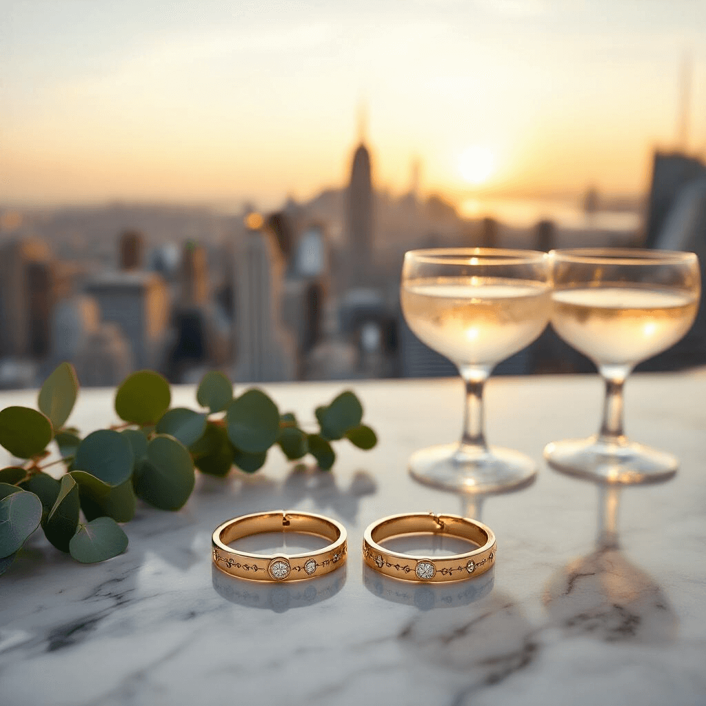 The Ultimate Guide to Long Distance Relationship Gifts That Actually Bridge the Miles Aerial view of two matching coordinate bracelets on a marble surface, surrounded by delicate cocktail glasses and fresh eucalyptus sprigs, set against a soft-focus cityscape at golden hour, featuring a luxe minimal styling in gold and ivory.