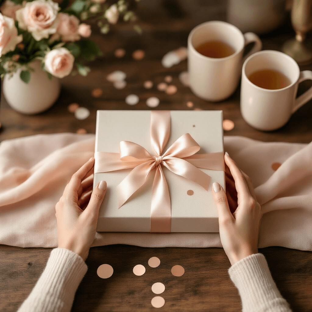 Couple Gift Ideas That'll Make You Look Like the Thoughtful Friend You Actually Are A couple unboxes a beautifully packaged experience gift on an elegant wood table, featuring soft golden hour lighting, blush pink linen runner, scattered rose gold confetti, and soft cream ceramic mugs, all styled with natural textures and a warm neutral color palette.