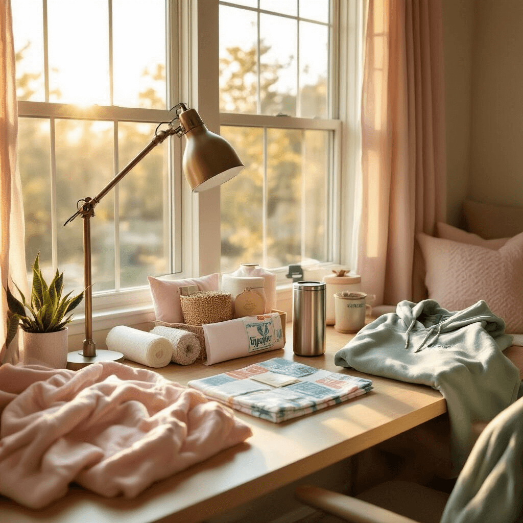High School Graduation Gifts That Actually Matter (Not Another Picture Frame) A beautifully styled dorm room during golden hour, featuring a minimalist wooden desk adorned with a curated care package including command strips, Lysol wipes, a USB desk lamp, and a Stanley tumbler. Soft blush and sage textiles provide warmth, complemented by a vintage college hoodie draped over a modern chair, all illuminated by natural light.