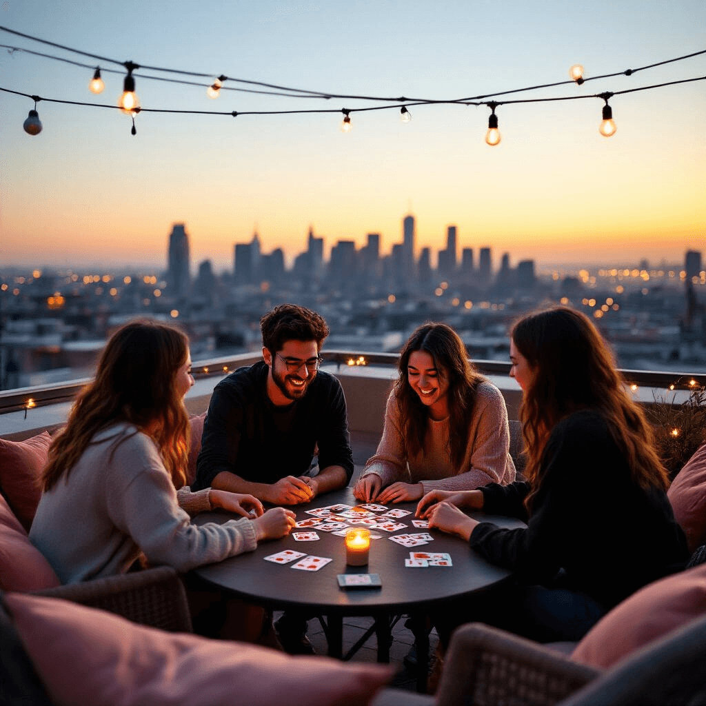 High School Graduation Gifts That Actually Matter (Not Another Picture Frame) A group of young graduates enjoying a game of Exploding Kittens on a rooftop terrace at golden hour, surrounded by twinkling city lights and fairy lights, with modern industrial furniture and cozy blush and terracotta pillows, capturing a joyful moment amidst a stunning urban skyline.