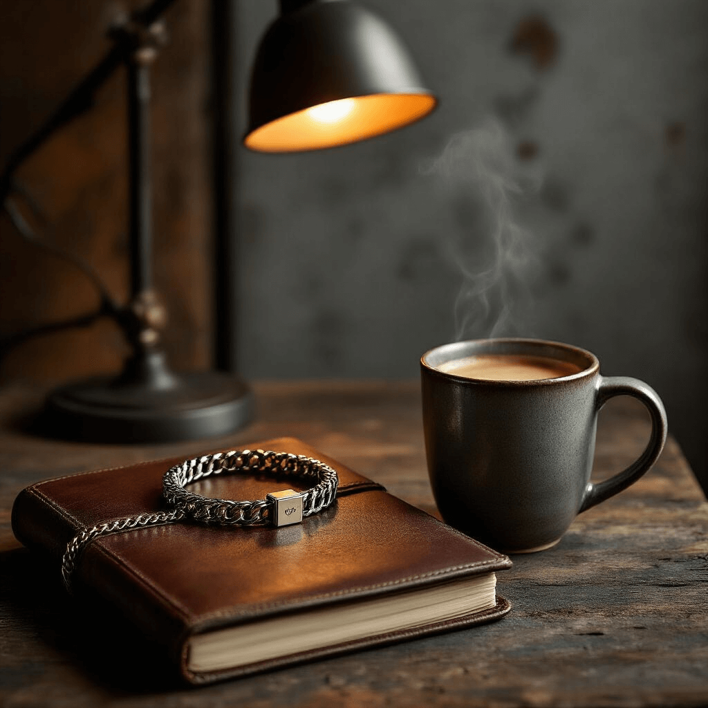 Gift Ideas for Men That'll Actually Get Used (Not Shoved in a Drawer) An elegant David Yurman Box Chain Bracelet rests on a vintage leather-bound notebook beside a steaming espresso in a handcrafted ceramic mug, surrounded by soft ambient lighting, highlighting textures against a backdrop of distressed wood and a modern concrete wall.