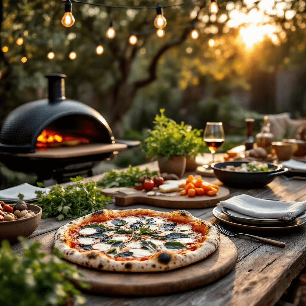 The Best Gifts for Boyfriends: A No-Nonsense Guide to Making Him Actually Happy Gourmet outdoor cooking setup showcasing a premium pizza stone with a perfectly charred artisan pizza, surrounded by fresh herbs, stylish string lights, a reclaimed wood dining table, rustic ceramic plates, and a beautifully arranged charcuterie board in warm golden hour light with a color palette of burnt orange, sage green, and warm neutrals.