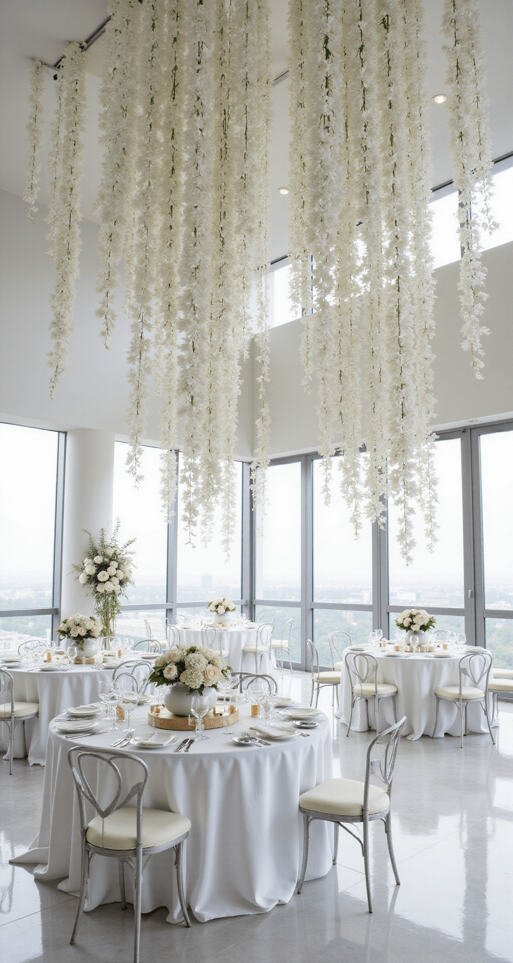White Wedding Decor: How to Create an Elegantly Monochromatic Celebration That Doesn't Feel Sterile Modern minimalist wedding reception featuring white and ivory orchid installations suspended from the ceiling, with floor-to-ceiling windows illuminating sleek marble floors. Round tables dressed in ivory linens and adorned with geometric white ceramic centerpieces and crystal place settings, enhanced by soft cool lighting and metallic silver accents.
