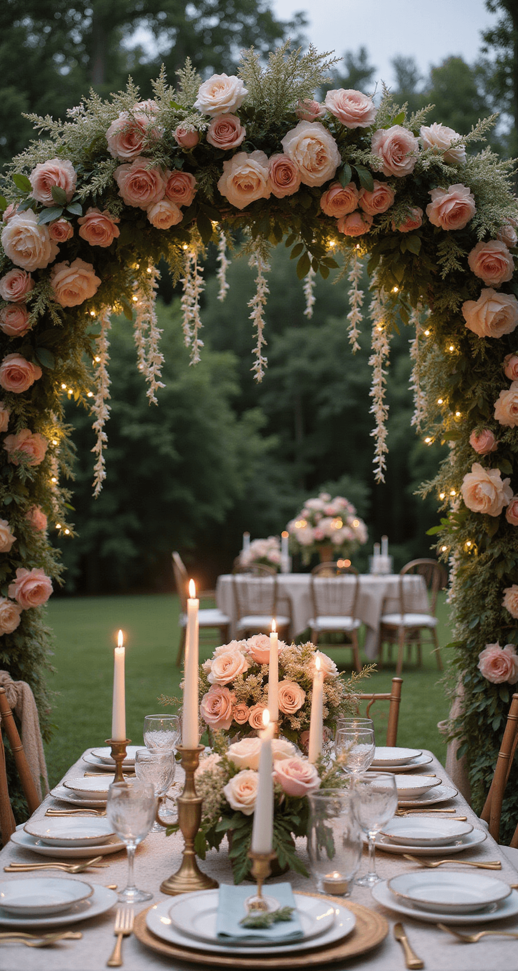 Planning Wedding Decorations That Actually Wow Your Guests A romantic vintage garden wedding in blush and ivory, featuring a floral arch of garden roses, antique brass candlesticks on lace-covered tables, and soft fairy lights creating a dreamy twilight ambiance.