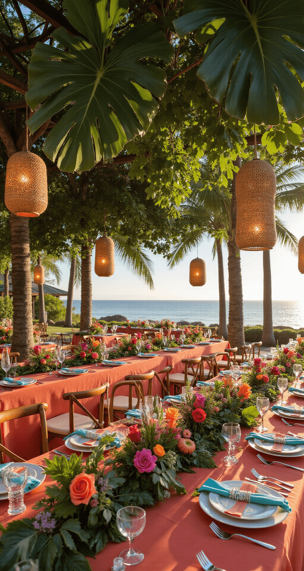 Planning Wedding Decorations That Actually Wow Your Guests A vibrant tropical wedding featuring bold coral and turquoise decor, massive monstera leaf installations from the ceiling, woven rattan lanterns, lush greenery on tables, oversized floral arrangements in glass vases, all illuminated by warm golden sunset light.