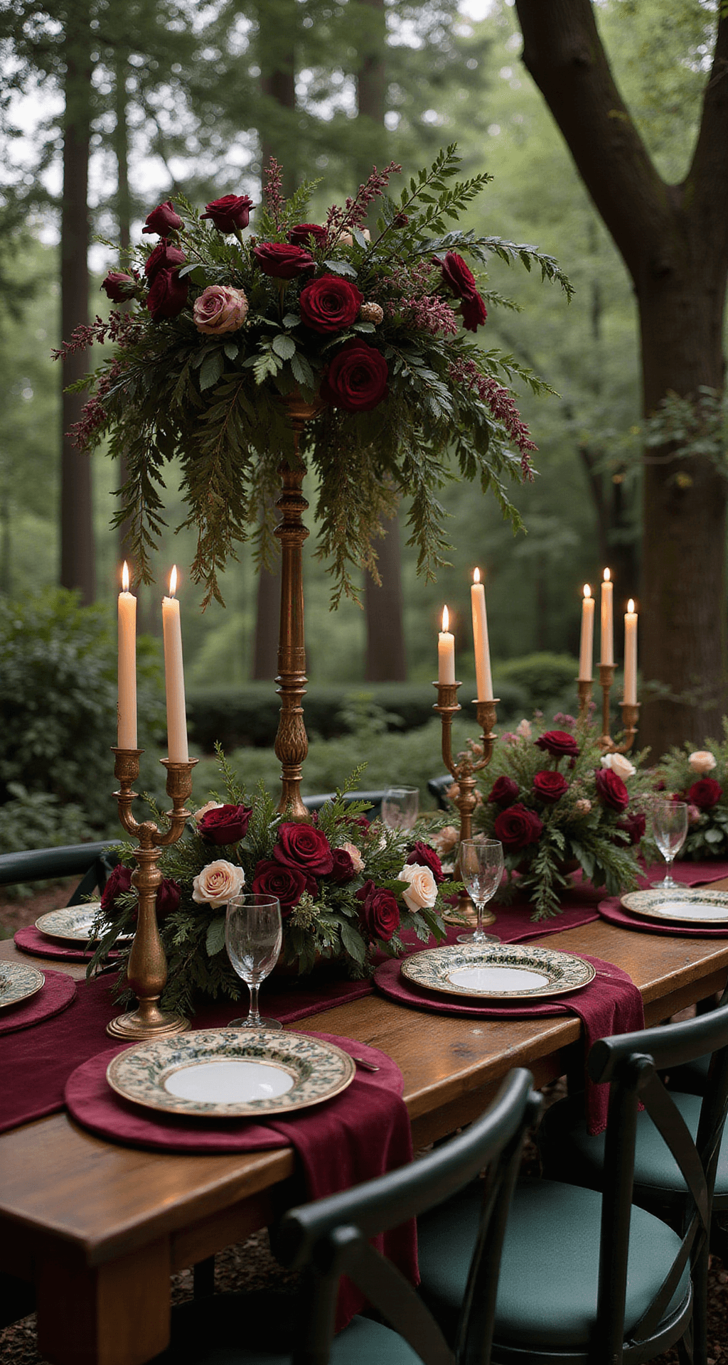 Planning Wedding Decorations That Actually Wow Your Guests A fairytale garden wedding featuring emerald green and burgundy decor, with lush floral centerpieces of velvet roses and cascading greenery, elegant candelabras with dripping candles, luxurious velvet table runners, and soft, romantic lighting.