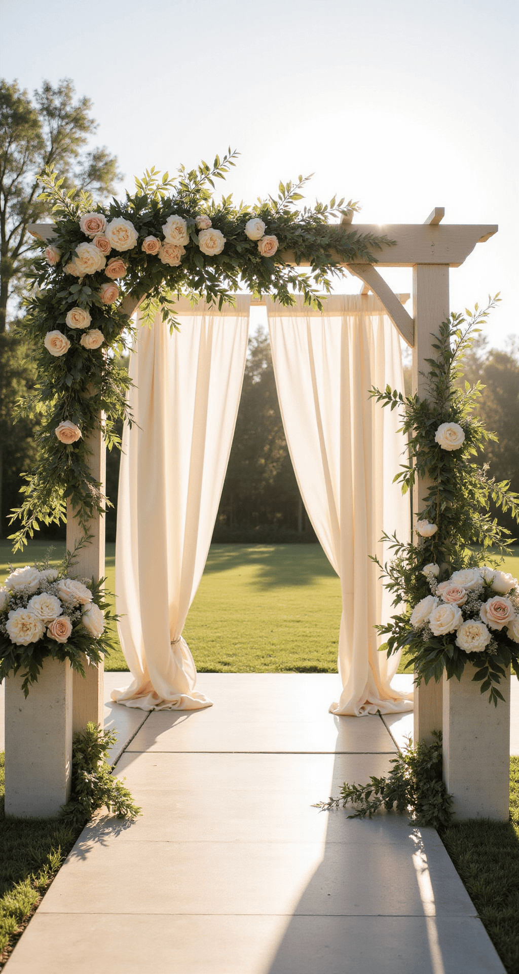 How to Create Classy Wedding Decor That Screams Sophistication Without Screaming for Help Elegant wedding ceremony backdrop with a white wooden arch adorned with ivory garden roses, blush peonies, and eucalyptus, framed by soft ivory linen drapes, illuminated by golden hour sunlight, captured from an overhead angle showcasing floral arrangements on marble pedestals and architectural details.