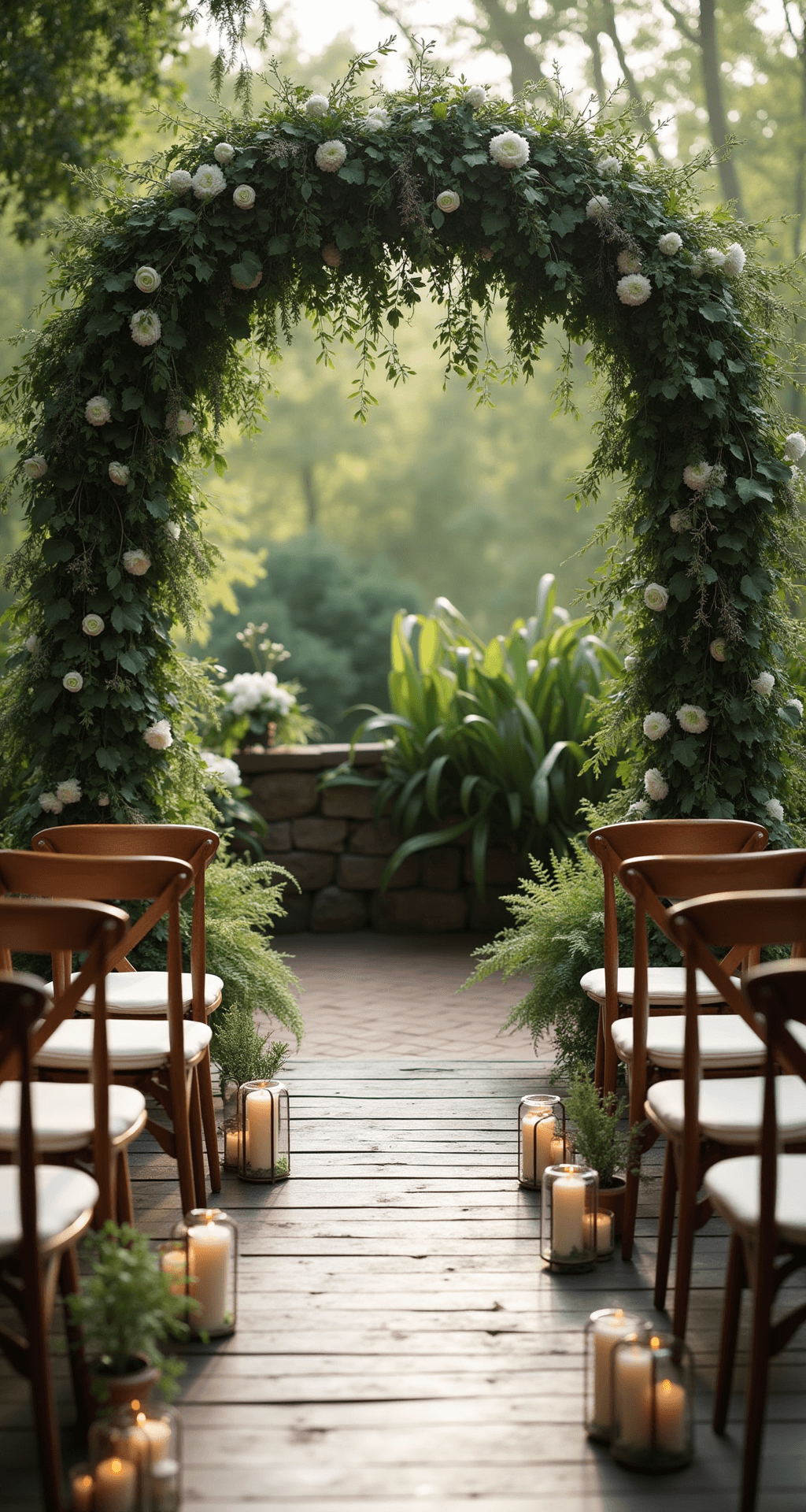 Leaf Decor Wedding Ideas: Creating Natural Beauty Without Breaking the Bank An intimate outdoor ceremony space featuring a lush greenery arch adorned with ivy and eucalyptus, surrounded by rustic wooden chairs with pale silk cushions arranged in a semi-circle, and an aisle lined with potted succulents and delicate ferns, illuminated by soft morning sunlight with minimal white floral accents and candles in clear glass vessels for added warmth, captured in a cinematic overhead shot.
