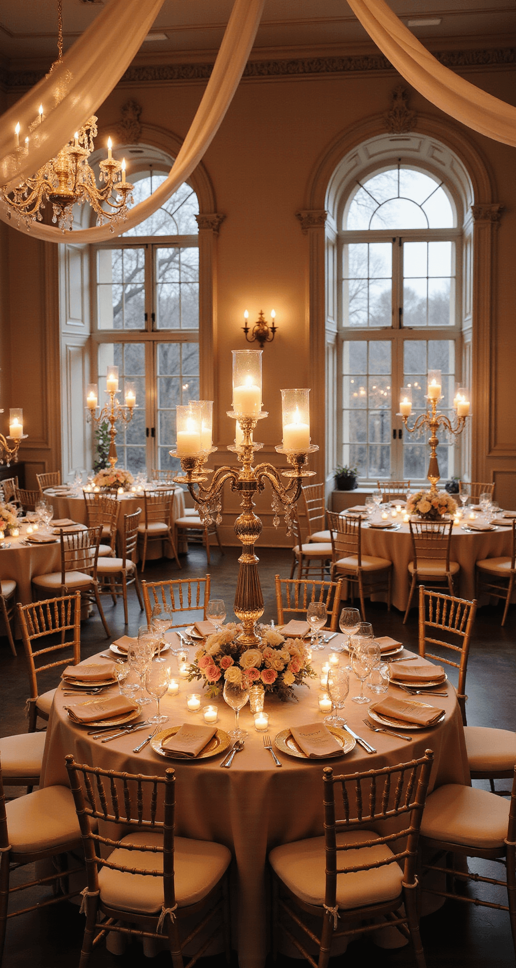 How to Plan Wedding Event Decor That Wows Your Guests Without Breaking the Bank A romantic Victorian-inspired wedding reception featuring candlelit ambiance, ivory silk draping from the ceiling, vintage silver candelabras as centerpieces, blush-toned embroidered napkins, and warm golden hour light filtering through ornate windows, creating an intimate and elegant atmosphere.