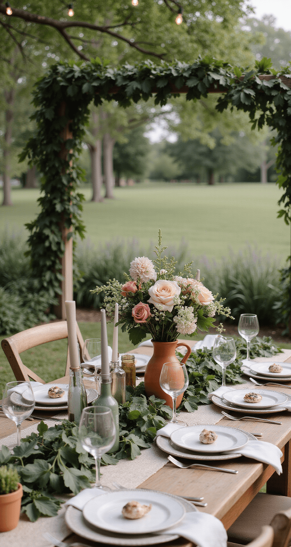 How to Plan Wedding Event Decor That Wows Your Guests Without Breaking the Bank An intimate garden wedding reception with greenery garlands, hand-painted wine bottle centerpieces with fairy lights, rustic wooden farm tables dressed in textured linen runners, butterfly napkin rings, a sage and terracotta color palette, and cascading floral arrangements in vintage ceramic vases.