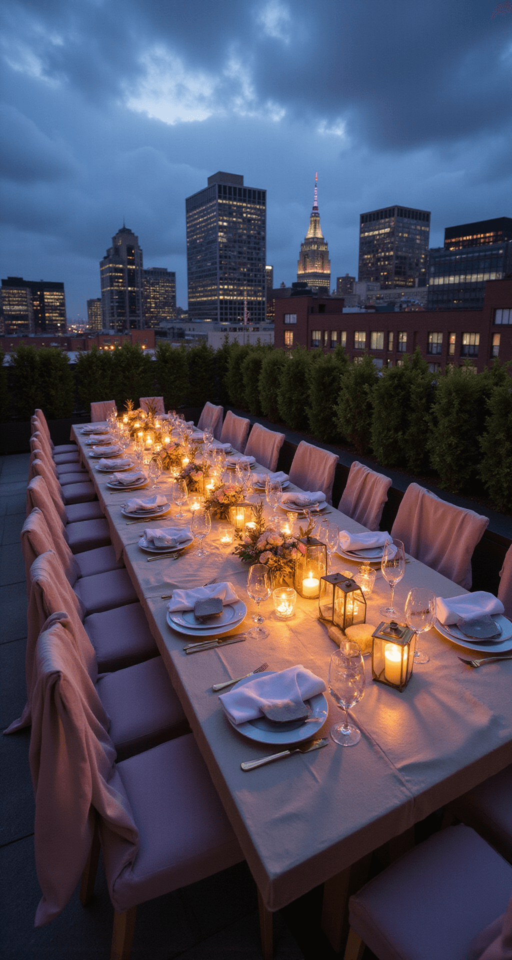 How to Plan Wedding Event Decor That Wows Your Guests Without Breaking the Bank A romantic rooftop wedding at twilight, featuring warm pools of light from lanterns and candles, modern geometric decor with sleek silver accents, and draped sheer fabrics in soft lavender and ivory, all set against a city skyline backdrop.