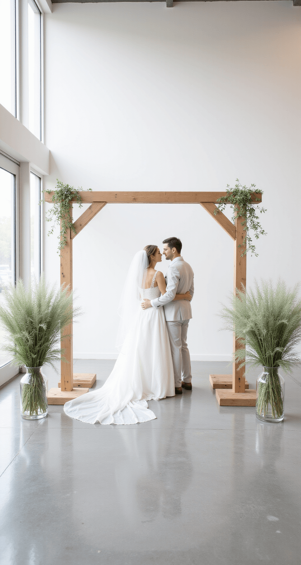 Minimal Wedding Decor: Creating Maximum Impact With Less A minimalist wedding ceremony setup features a wooden arch with sage green plants on either side, a white bride and groom standing beneath it, and pampas grass in glass vases lining the aisle, all bathed in natural light in a bright white room.