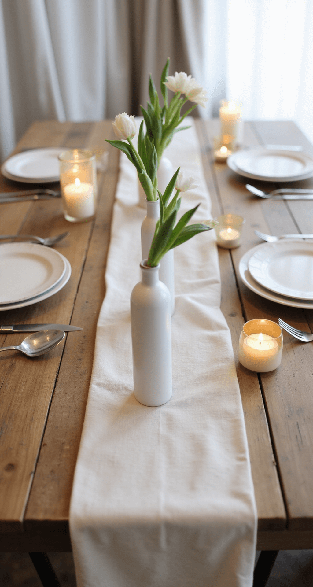 Minimal Wedding Decor: Creating Maximum Impact With Less An intimate reception table set with a raw wood surface, featuring a cream linen runner, a tall bud vase with a single white tulip, simple white ceramic plates, and matte silver flatware. Soft candlelight from varying height pillar candles creates a warm glow, enhanced by natural daylight filtering through sheer linen curtains, all conveying a sense of calm elegance.