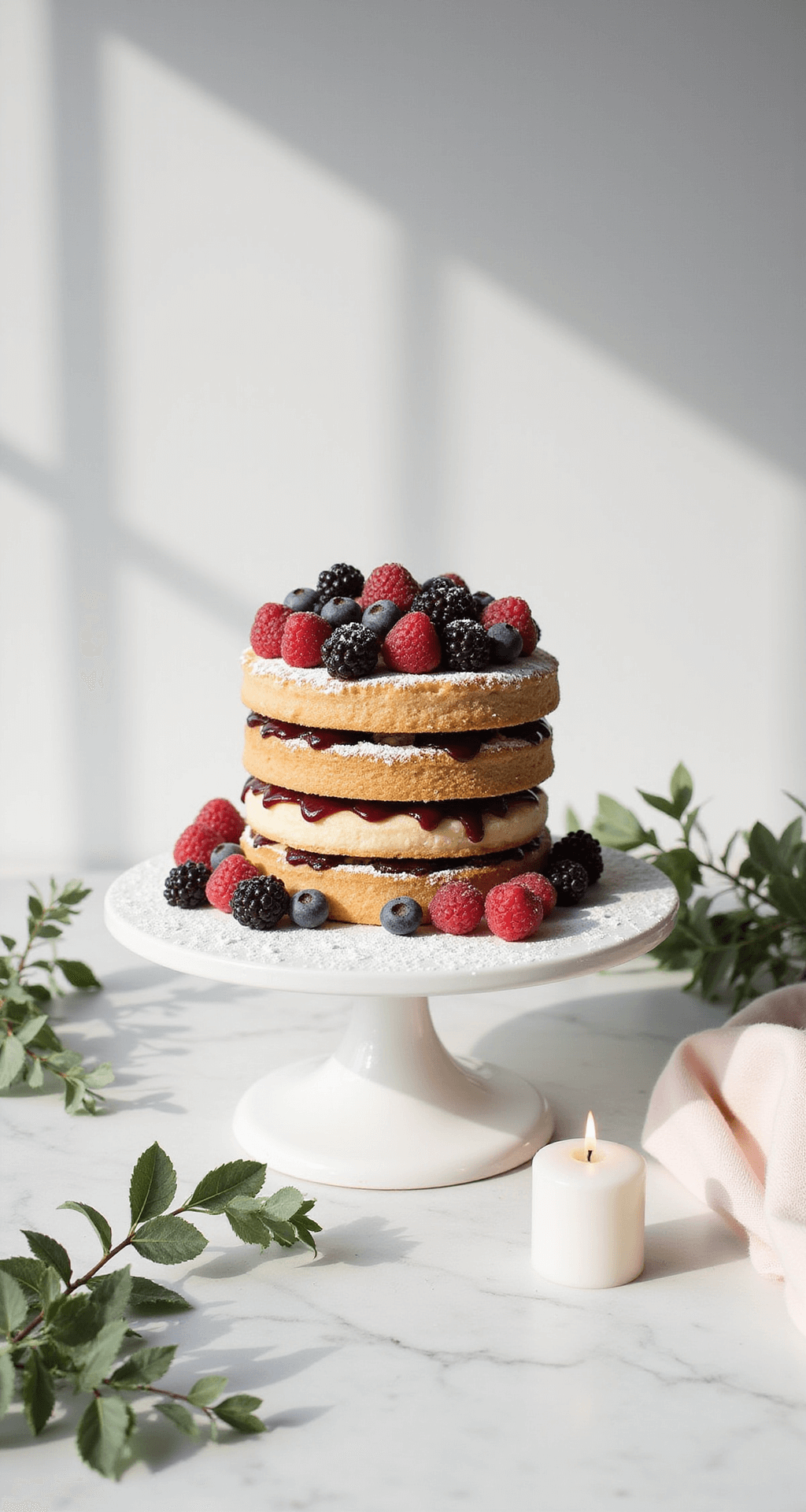 Minimal Wedding Decor: Creating Maximum Impact With Less Minimalist wedding cake on a white marble surface, featuring a three-tier naked cake with powdered sugar and fresh seasonal berries, surrounded by eucalyptus leaves and a white pillar candle, illuminated by soft natural light.