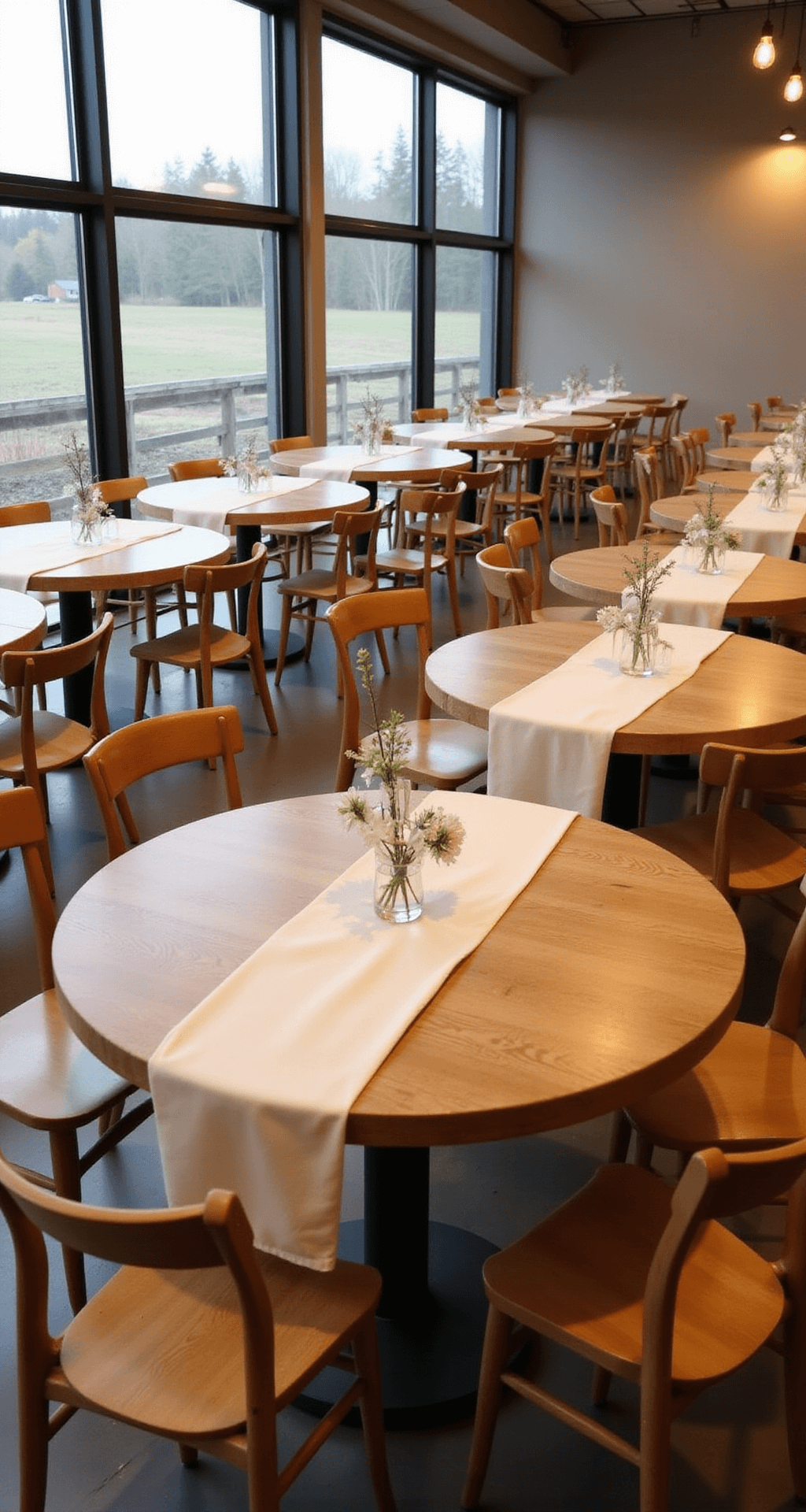 Minimal Wedding Decor: Creating Maximum Impact With Less A wedding reception setup featuring round wooden tables with cream linen runners, simple wooden chairs, and tall clear glass vases with single flower stems as centerpieces, bathed in warm uplighting, with large windows showcasing a soft natural landscape outside.