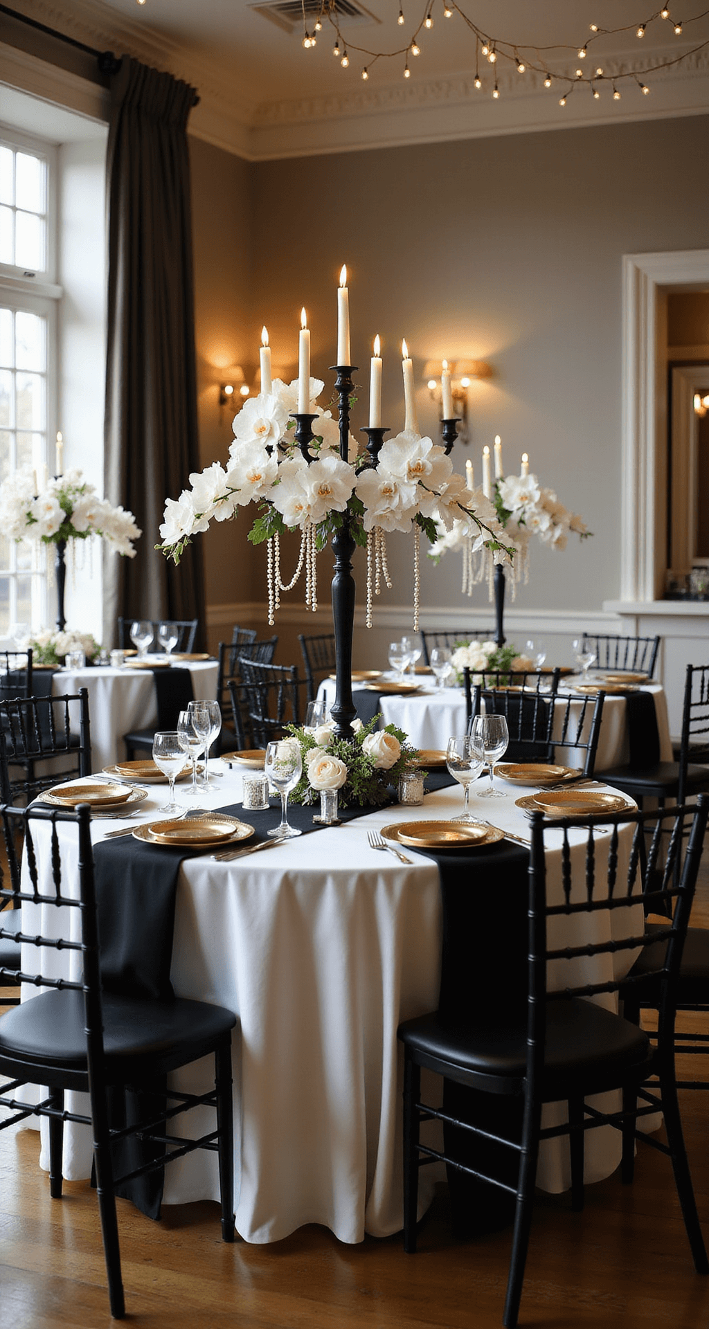 Black and White Wedding Decor: Creating Timeless Elegance That Actually Works A luxurious ballroom featuring black and white chairs around round tables with white linens and black table runners, adorned with black candelabras, white orchids, and pearl strands; golden hour light filters through large windows, enhancing the elegance with reflective metallic gold charger plates and delicate fairy lights overhead.