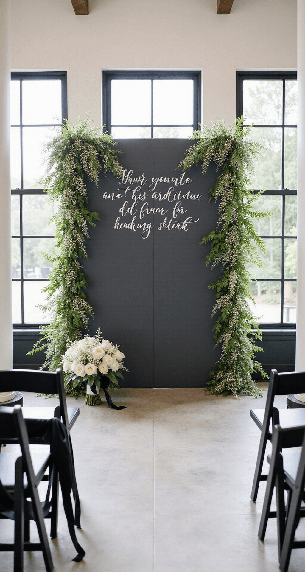 Black and White Wedding Decor: Creating Timeless Elegance That Actually Works An overhead view of a minimalist wedding ceremony space featuring a sleek black geometric grid backdrop adorned with cascading white baby's breath. Modern black and white chairs create visual rhythm, while soft morning light highlights the design. A white bridal bouquet with black silk ribbon rests in the foreground.